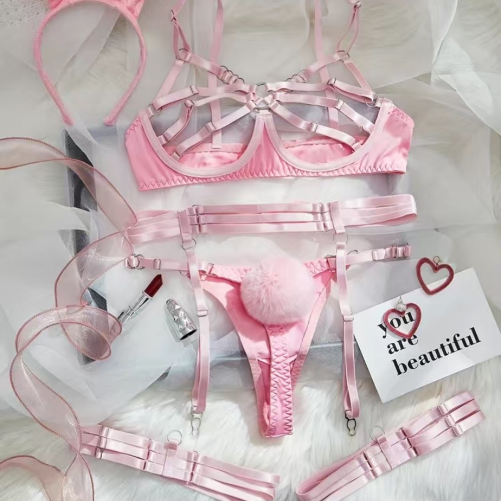 lingerie pink bunny sexy bra panty thong set with tail and ears and leg garter